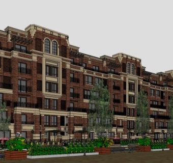 联排三拼别墅民国建筑SU模型下载_sketchup草图大师SKP模型