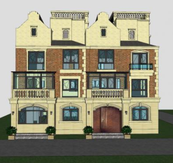 欧式风格联排别墅建筑SU模型下载_sketchup草图大师SKP模型
