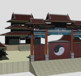 道观大门建筑SU模型下载_sketchup草图大师SKP模型