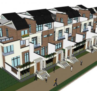 新中式联排别墅建筑sketchup模型下载_sketchup草图大师SKP模型