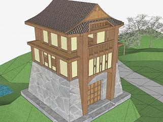 日式古建筑庭院景观SU模型下载_sketchup草图大师SKP模型