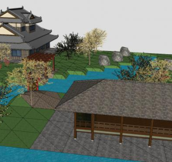 日式古代建筑和拱桥SU模型下载_sketchup草图大师SKP模型