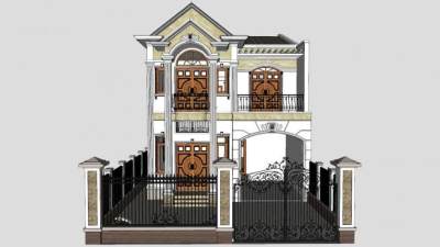 欧式别墅带铁艺门SU模型下载_sketchup草图大师SKP模型