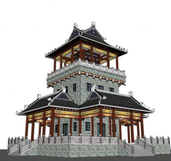 中式风格塔楼建筑SU模型下载_sketchup草图大师SKP模型