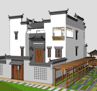 新中式徽派风格别墅SU模型下载_sketchup草图大师SKP模型