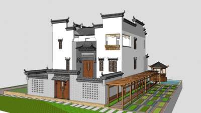 新中式徽派风格别墅SU模型下载_sketchup草图大师SKP模型