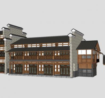 中式商业街楼房建筑SU模型下载_sketchup草图大师SKP模型