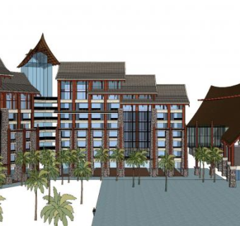 东南亚风格外观酒店SU模型下载_sketchup草图大师SKP模型