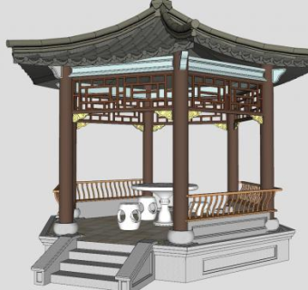 中式八角亭凉亭SU模型下载_sketchup草图大师SKP模型