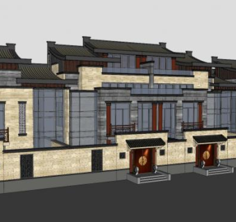 新中式联排别墅sketchup模型下载_sketchup草图大师SKP模型