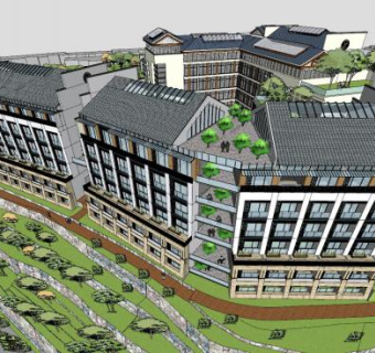中式山地酒店建筑SU模型下载_sketchup草图大师SKP模型