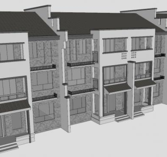 中式联排住宅建筑SU模型下载_sketchup草图大师SKP模型