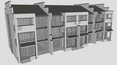 中式联排住宅建筑SU模型下载_sketchup草图大师SKP模型