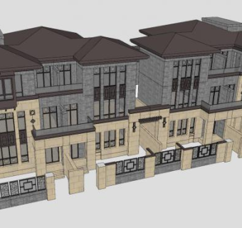 新中式双拼别墅建筑SU模型下载_sketchup草图大师SKP模型