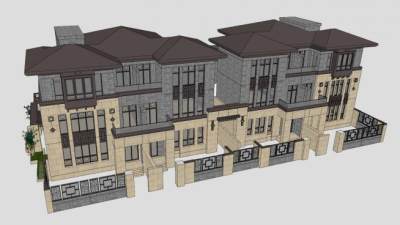 新中式双拼别墅建筑SU模型下载_sketchup草图大师SKP模型