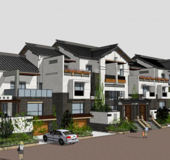 现代中式联排别墅建筑SU模型下载_sketchup草图大师SKP模型