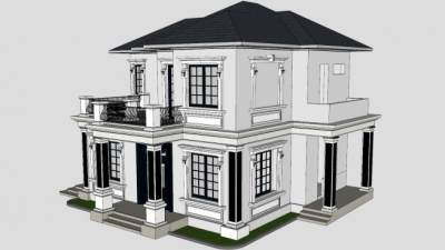 欧式私人住宅别墅楼房两层建筑SU模型下载_sketchup草图大师SKP模型