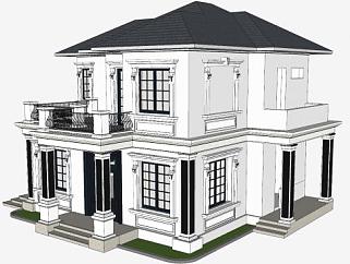 欧式私人住宅别墅楼房两层建筑SU模型下载_sketchup草图大师SKP模型