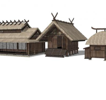 古代木屋茅草房SU模型下载_sketchup草图大师SKP模型