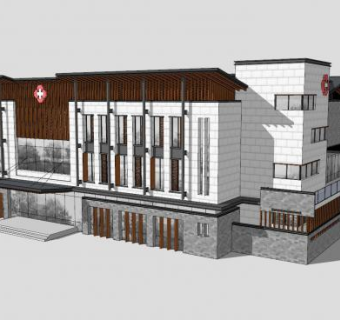 现代中式医院建筑SU模型下载_sketchup草图大师SKP模型