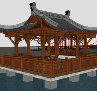 中式凉亭和木桥梁SU模型下载_sketchup草图大师SKP模型