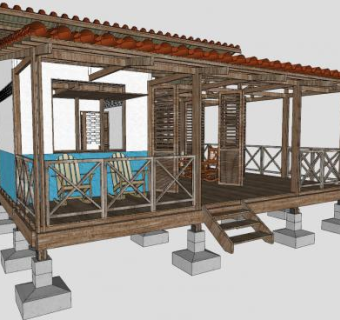 离地小木屋木房子SU模型下载_sketchup草图大师SKP模型