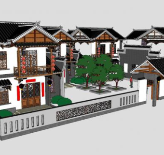 中式合院民居川西风格建筑SU模型下载_sketchup草图大师SKP模型