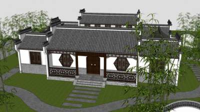 中式风四合院建筑SU模型下载_sketchup草图大师SKP模型