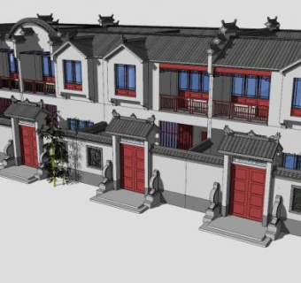 中式联排多拼别墅建筑SU模型下载_sketchup草图大师SKP模型