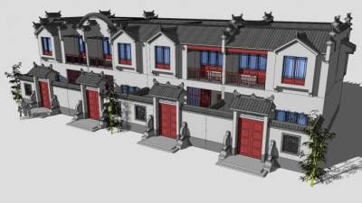 中式联排多拼别墅建筑SU模型下载_sketchup草图大师SKP模型