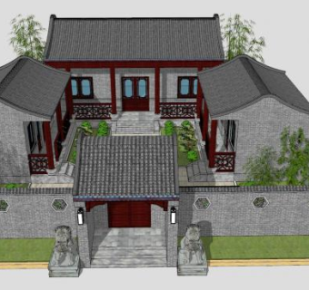 中式四合院建筑民居民房SU模型下载_sketchup草图大师SKP模型