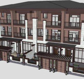 新中式四拼别墅建筑住宅带庭院SU模型下载_sketchup草图大师SKP模型
