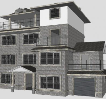 中式三层建筑别墅SU模型下载_sketchup草图大师SKP模型