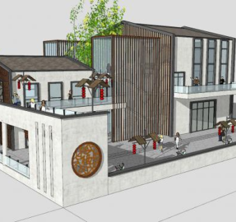中式乡村大礼堂建筑SU模型下载_sketchup草图大师SKP模型