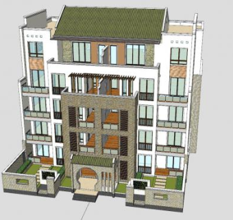 新中式单元楼住宅公寓建筑SU模型下载_sketchup草图大师SKP模型