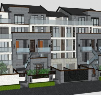 中式双拼别墅建筑排屋SU模型下载_sketchup草图大师SKP模型