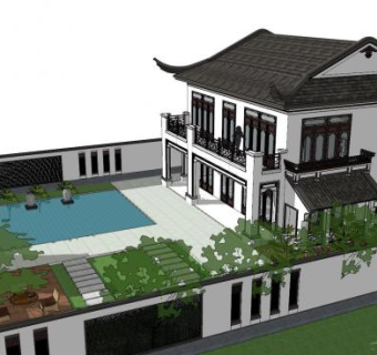 新中式二层别墅院落SU模型下载_sketchup草图大师SKP模型