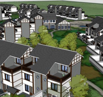 新中式风格别墅联排建筑SU模型下载_sketchup草图大师SKP模型