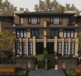 排屋双拼别墅住宅建筑SU模型下载_sketchup草图大师SKP模型