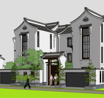 中式徽派双拼排屋别墅SU模型下载_sketchup草图大师SKP模型