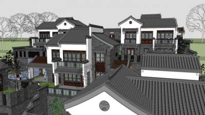 中式徽派建筑住宅楼群SU模型下载_sketchup草图大师SKP模型