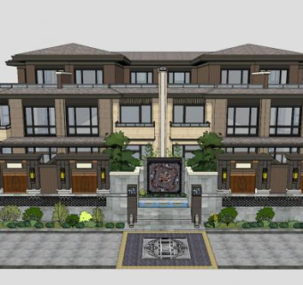 新中式四联排别墅建筑SU模型下载_sketchup草图大师SKP模型