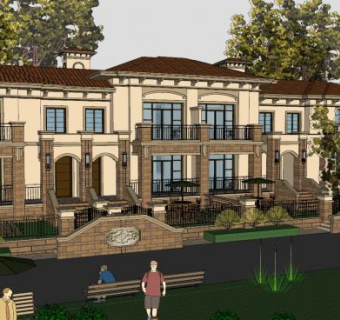 欧式风格联排别墅带景观SU模型下载_sketchup草图大师SKP模型