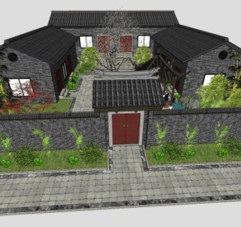 中式四合院景观小景SU模型下载_sketchup草图大师SKP模型