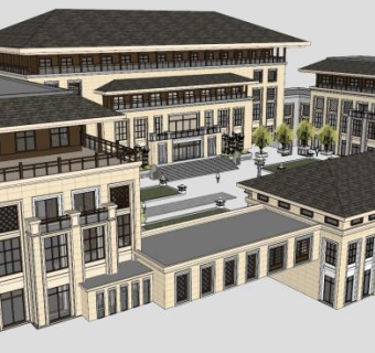 中式主题酒店建筑SU模型下载_sketchup草图大师SKP模型