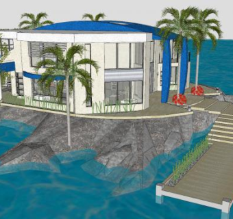 水上别墅建筑和游艇SU模型下载_sketchup草图大师SKP模型
