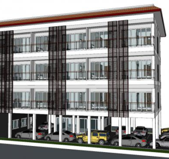 公寓建筑和多部小车SU模型下载_sketchup草图大师SKP模型