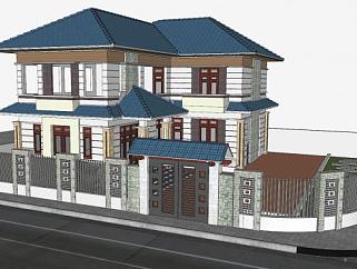 美式二层住宅别墅建筑SU模型下载_sketchup草图大师SKP模型