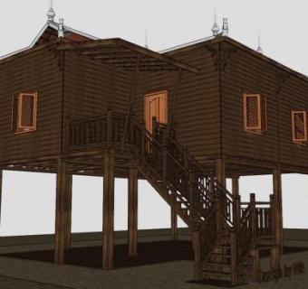 高脚木屋住宅房子SU模型下载_sketchup草图大师SKP模型