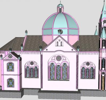粉色风格教会堂建筑SU模型下载_sketchup草图大师SKP模型